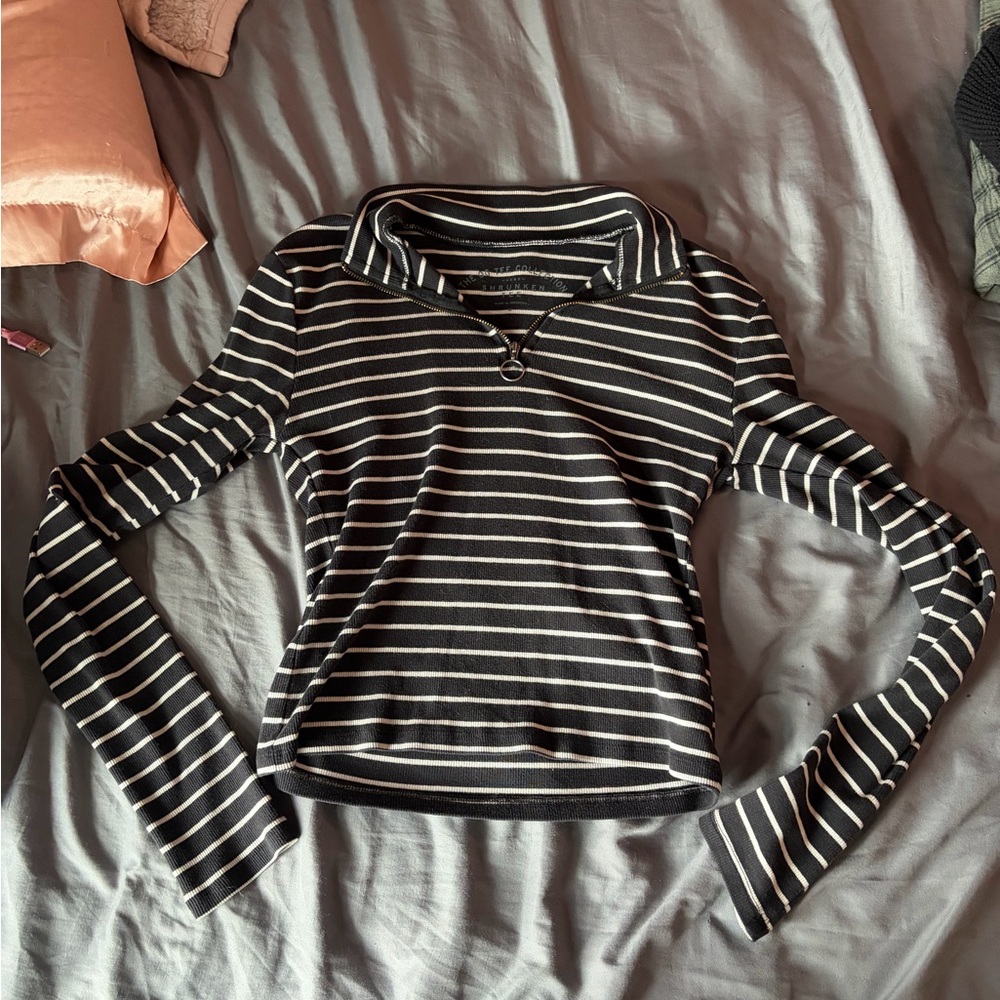 Striped Black & White Long-Sleeve Pullover Crop Top